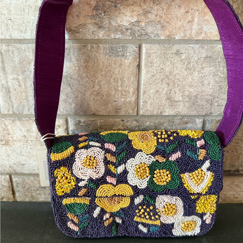 Floral Beaded Shoulder Bag - Purple and Yellow